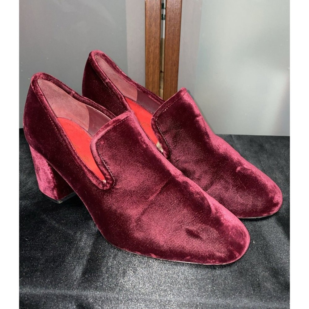 Diane Von Furstenberg Rimela Burgundy Velvet Loafer Pumps Chunky Heels Size 5.5